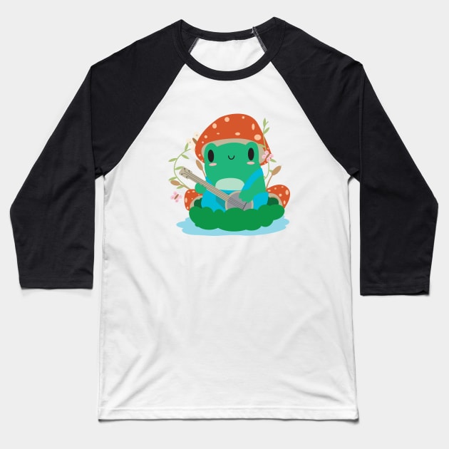 Cottagecore Aesthetic Frog Playing Banjo Mushroom Hat Kawaii Baseball T-Shirt by SWIFTYSPADE